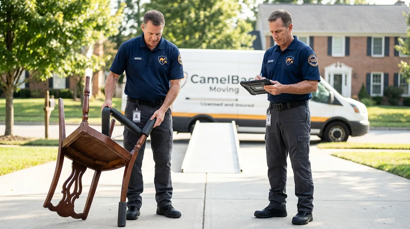 Movers inspecting furniture for damage prevention before loading in Kankakee, IL