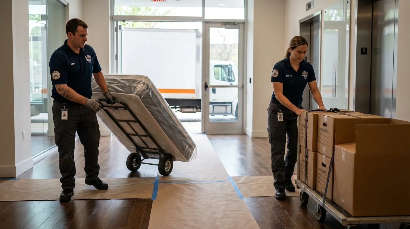 Professional apartment movers loading elevator in Kankakee, IL